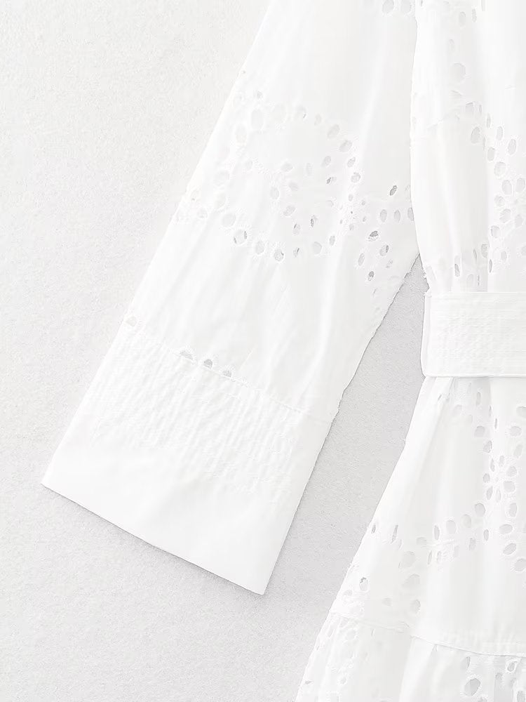 Women Embroidered Maxi Dress Spring Summer Blouse Collar Dress with Belt