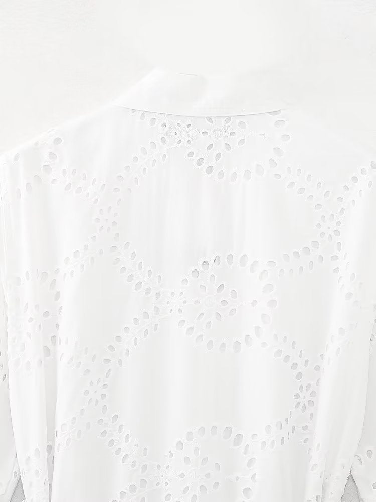 Women Embroidered Maxi Dress Spring Summer Blouse Collar Dress with Belt