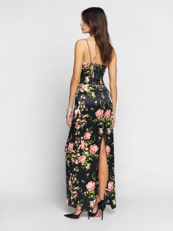 French Vintage Floral Print Floral Strap Dress Tight Waist Slimming Close Fitting Maxi Dress Back Split