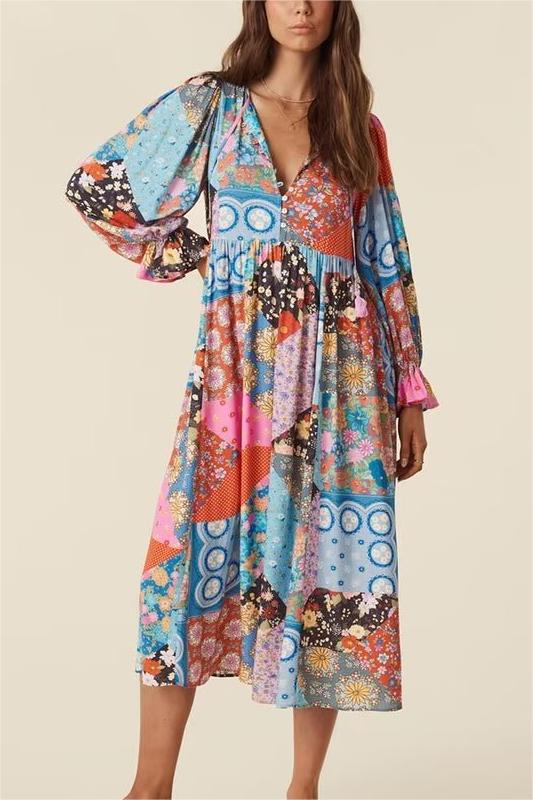 Amoi Women Printed Tassel Lace up Dress