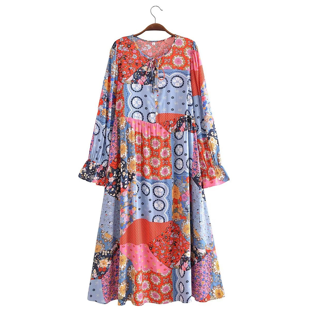 Amoi Women Printed Tassel Lace up Dress