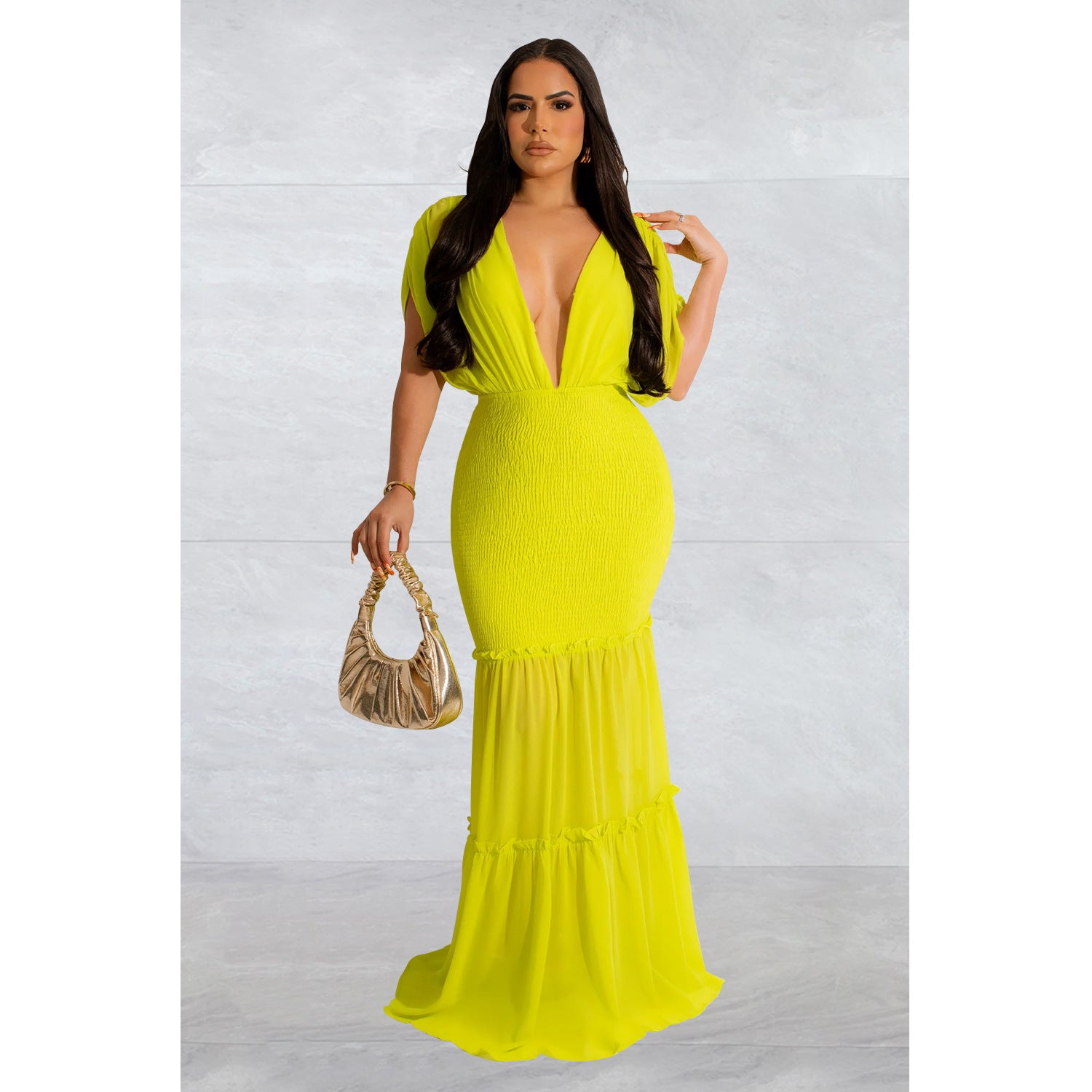Women Wear Solid Color Pleated V neck Sleeveless Maxi Dress