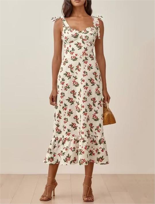 Sweet Design Mid Length Dress with Straps for Holiday Women Ruffled Printed Waist Tight Split Cami Dress