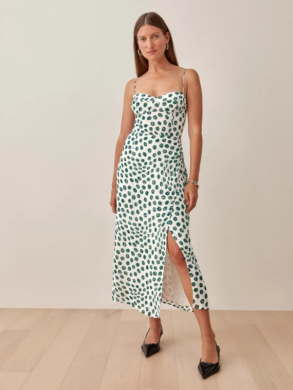Design Pleated Irregular Asymmetric Slit Cami Dress Summer Waist Slimming Midi Dress