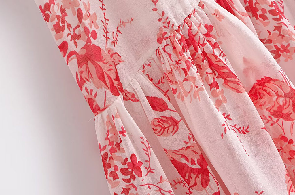Pastoral off Shoulder Short Sleeve Dress Women Sexy Slim Print Ruffled Maxi Dress