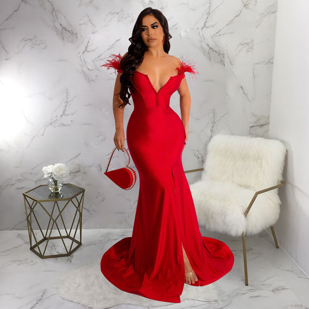 Women Wear Dress Solid Color V Neck Sleeveless Split Fishtail Dress