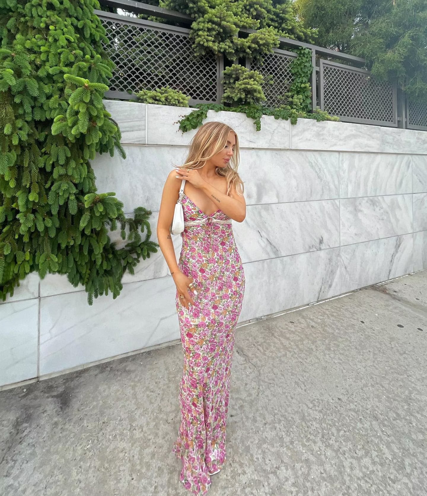 Women Clothing Sexy Slim Fit Slimming V Neck Lace Stitching Small Floral Strap Dress Maxi Dress