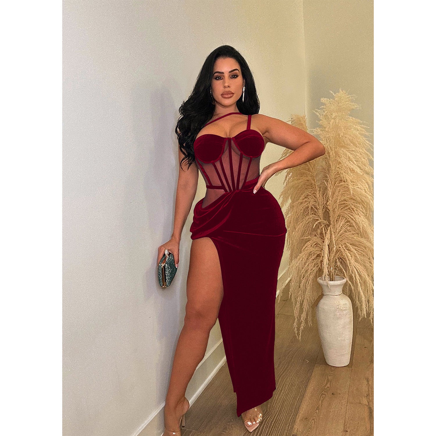 Women Wear Solid Color Mesh Sleeveless Split Maxi Dress
