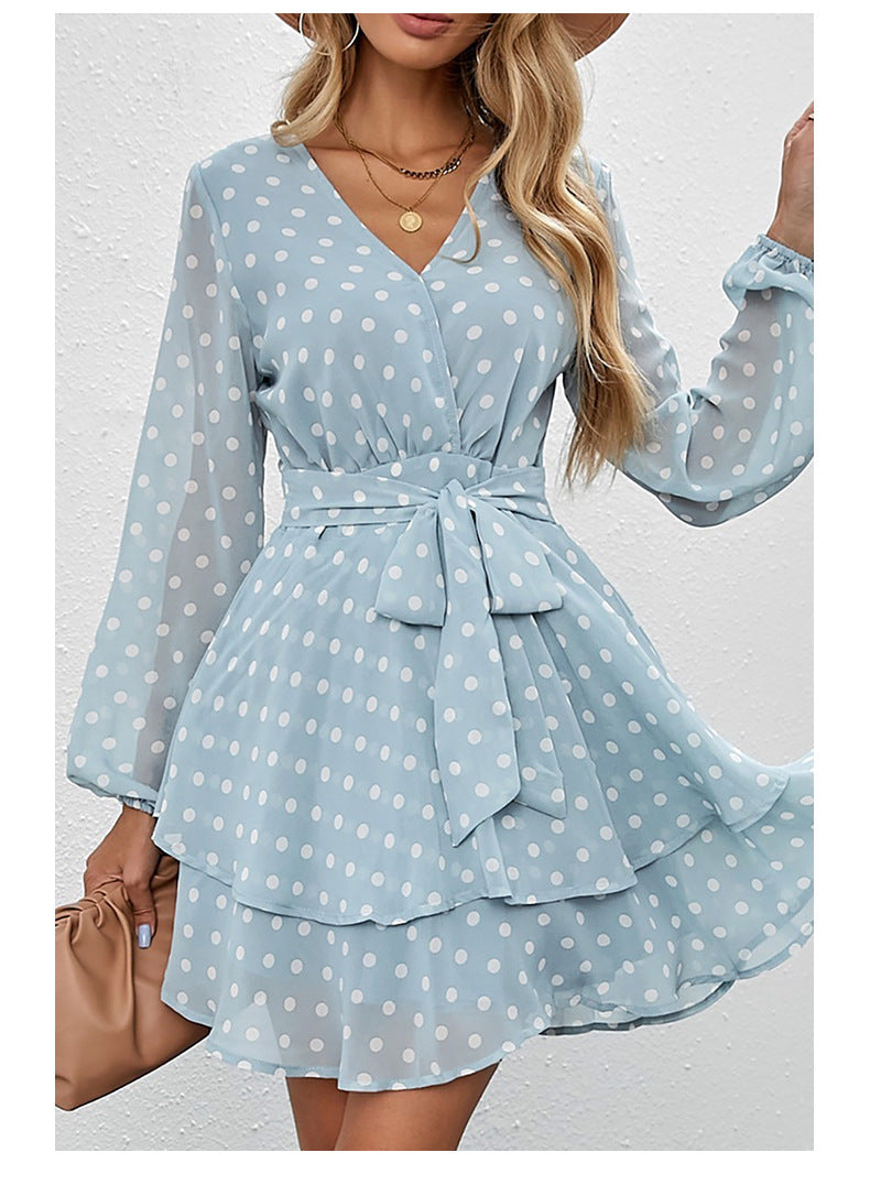 Printed Long Sleeved Dress Women Autumn Lace Up Waist Tight Slim Fit Ruffled Dress