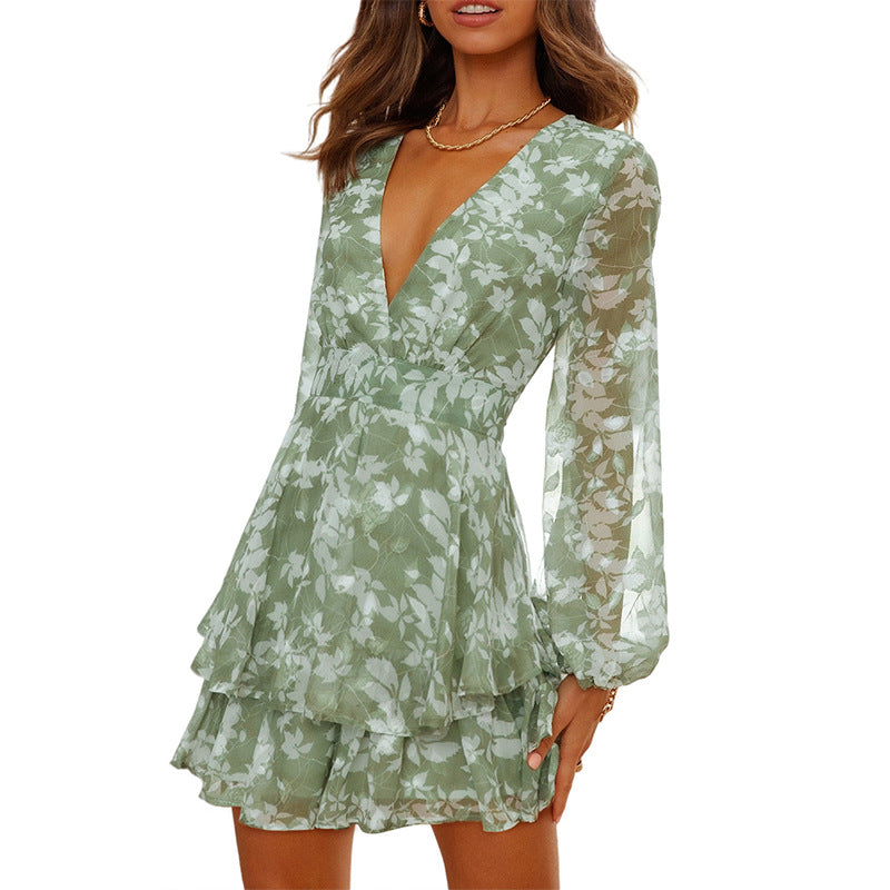 Printed Long Sleeved Dress Women Autumn Lace Up Waist Tight Slim Fit Ruffled Dress