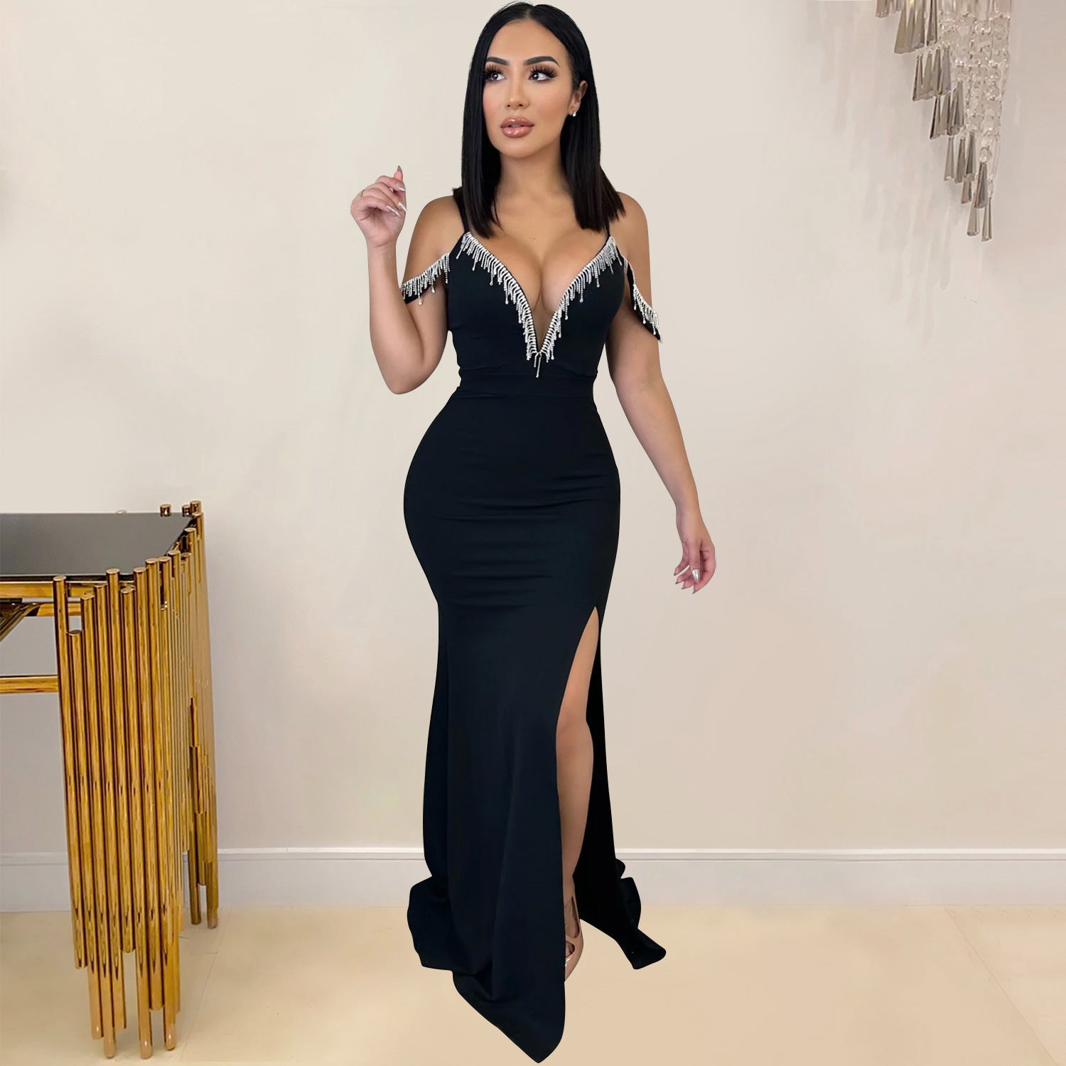 Women Wear Solid Color Tassel Suspender Maxi Dress