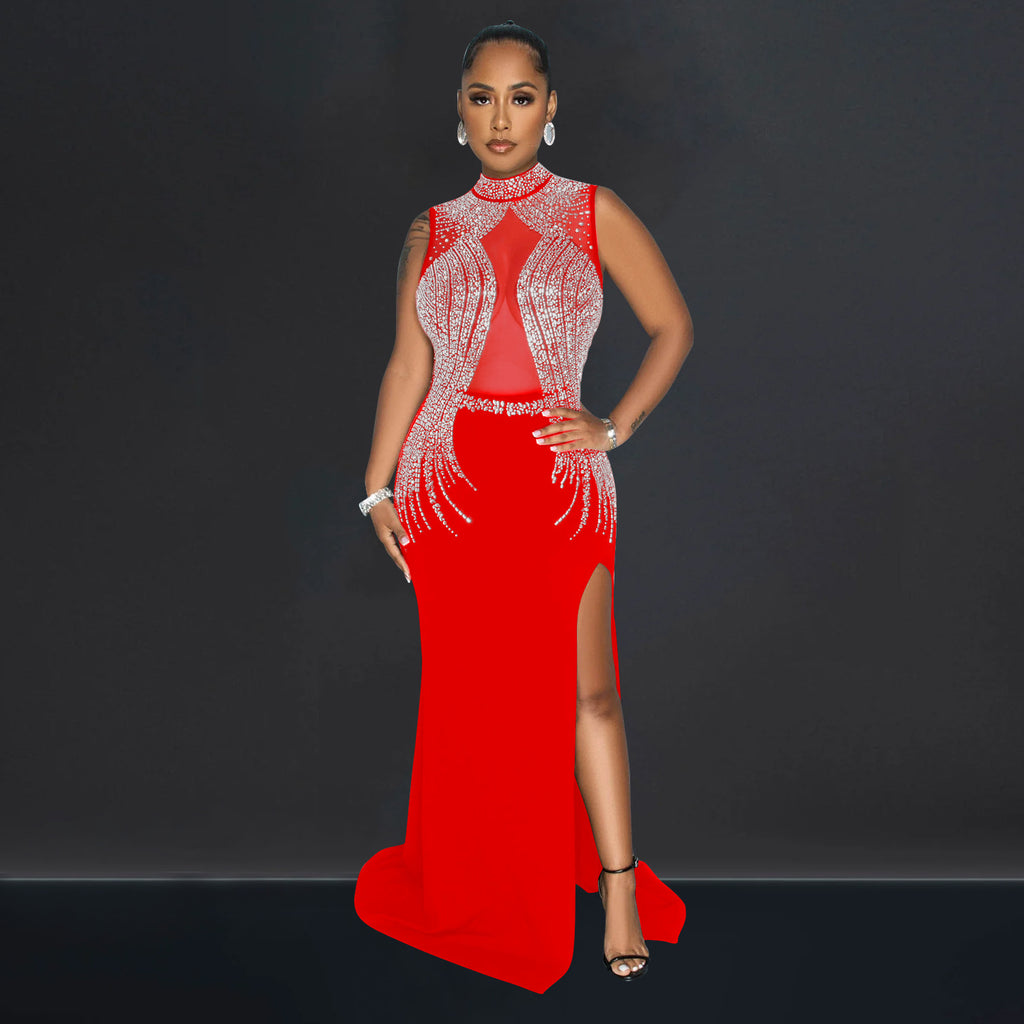 Women Wear Solid Color Mesh Drilling Split Maxi Dress