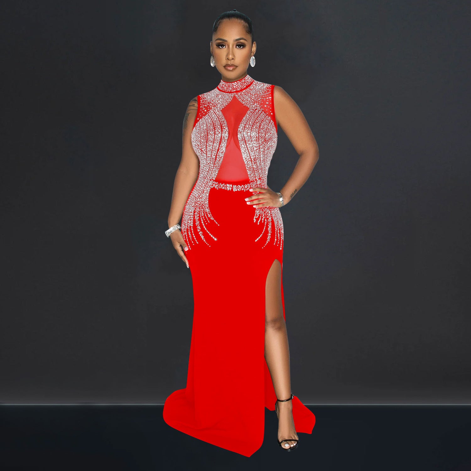 Women Wear Solid Color Mesh Drilling Split Maxi Dress