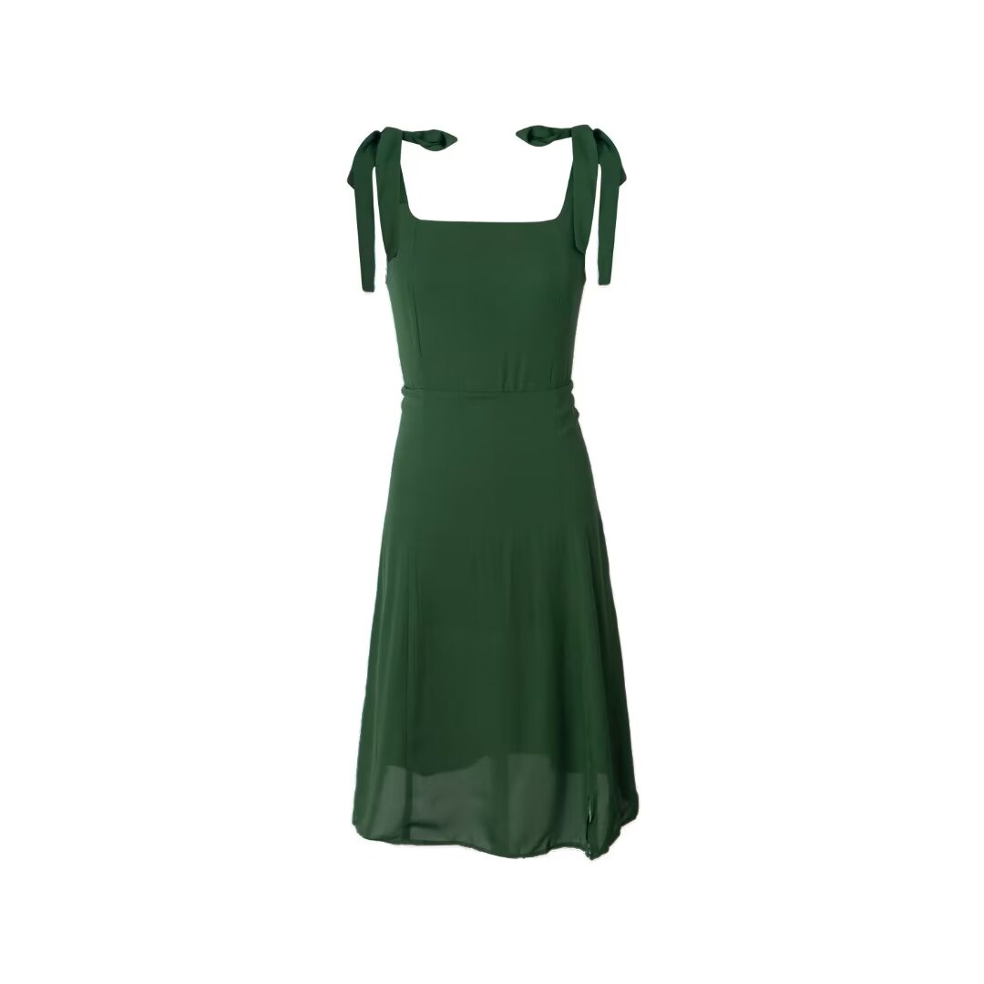 Summer Solid Color Dress Women Slim Fit Side Slit Green Mid Length Lace Up Cami Dress