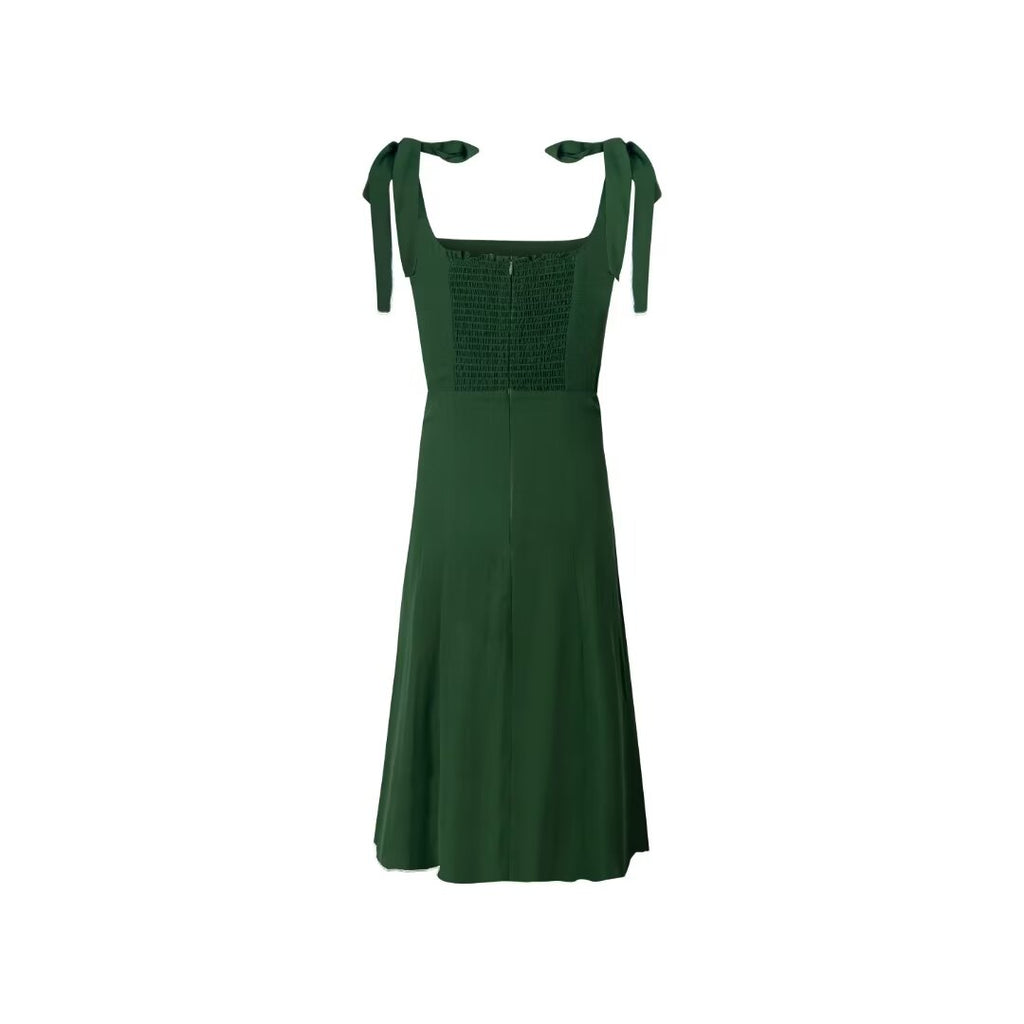 Summer Solid Color Dress Women Slim Fit Side Slit Green Mid Length Lace Up Cami Dress