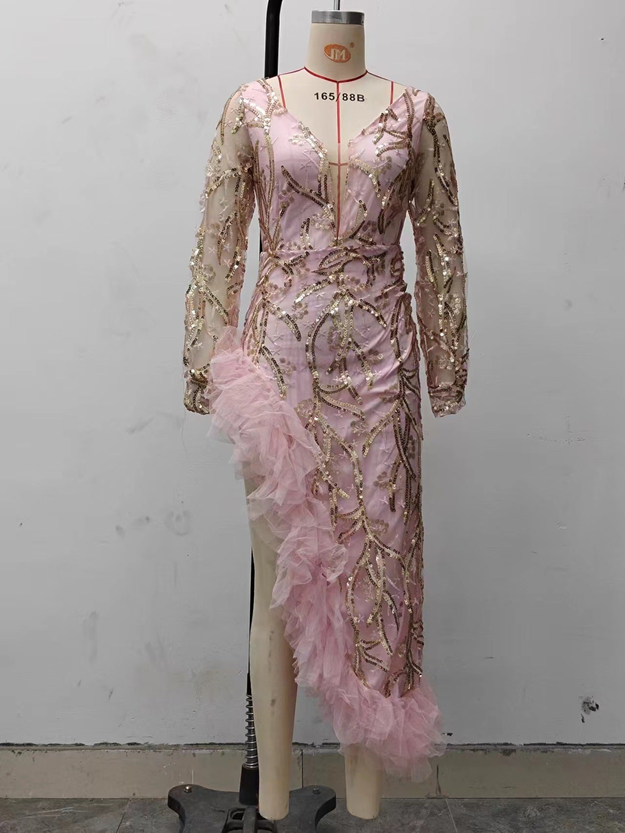 Fall Women Clothing Sexy Mesh Trailing Sequined Split Pink Evening Dress