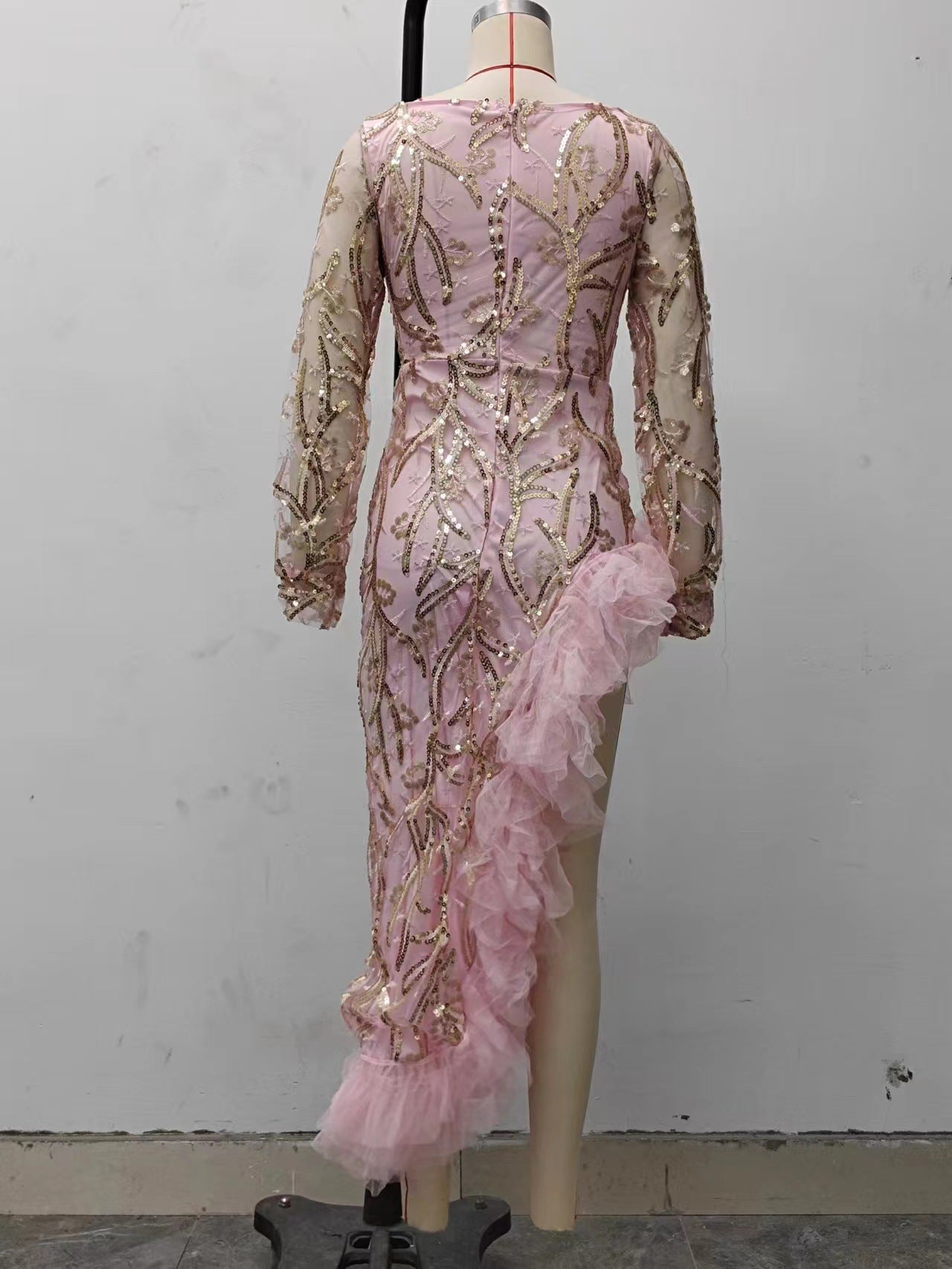 Fall Women Clothing Sexy Mesh Trailing Sequined Split Pink Evening Dress