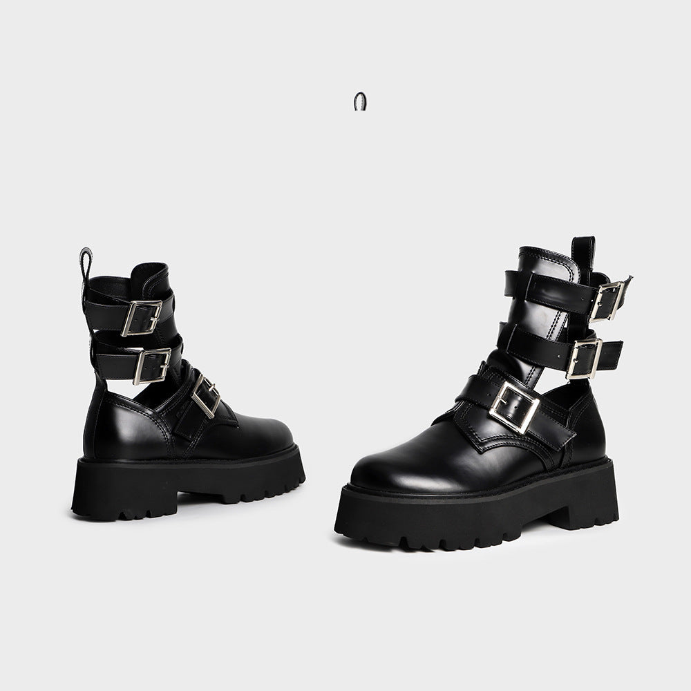 Tragen Sie modische Damenstiefel mit rundem Kopf und dicker Sohle