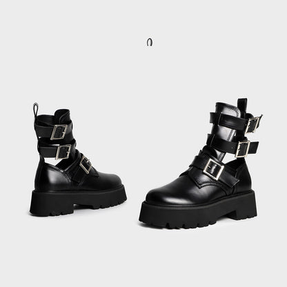 Tragen Sie modische Damenstiefel mit rundem Kopf und dicker Sohle
