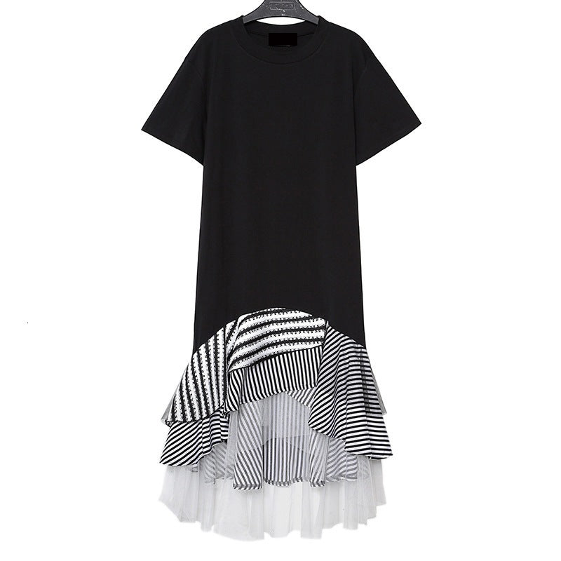 Fashionable Mesh Stitching Irregular Asymmetric Loose Fishtail Ruffled T shirt Dress Bottoms