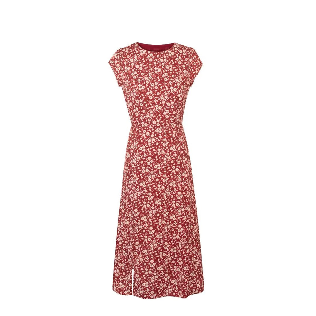 French Holiday Red Bottom Floral Round Neck Tight Waist Split Dress Summer Sexy Backless Midi Dress