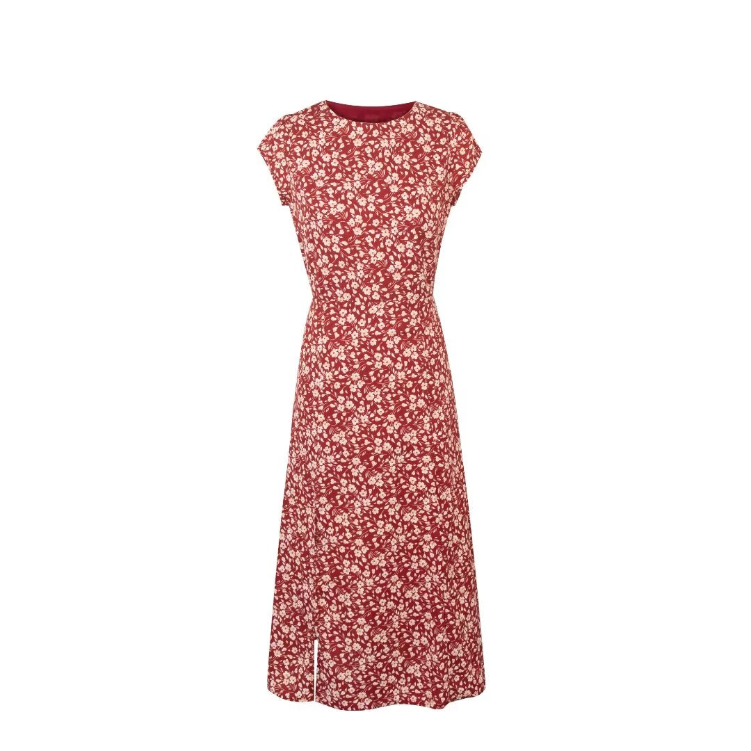 French Holiday Red Bottom Floral Round Neck Tight Waist Split Dress Summer Sexy Backless Midi Dress