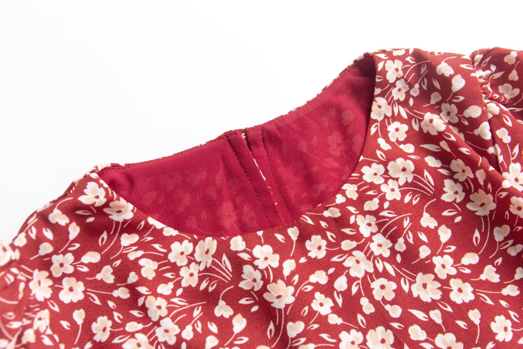 French Holiday Red Bottom Floral Round Neck Tight Waist Split Dress Summer Sexy Backless Midi Dress