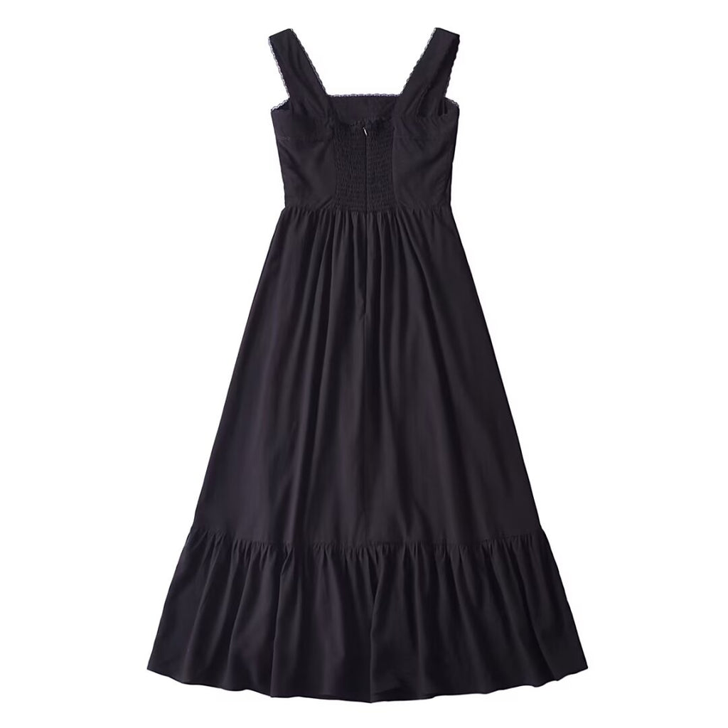 French Retro Lace Bowknot Decoration Square Collar Vest Dress Cami Dress Summer Slim Fit A Line Dress Women