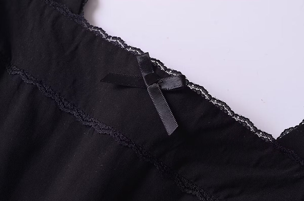 French Retro Lace Bowknot Decoration Square Collar Vest Dress Cami Dress Summer Slim Fit A Line Dress Women