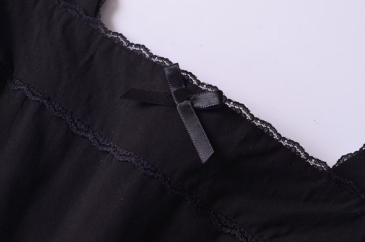 French Retro Lace Bowknot Decoration Square Collar Vest Dress Cami Dress Summer Slim Fit A Line Dress Women