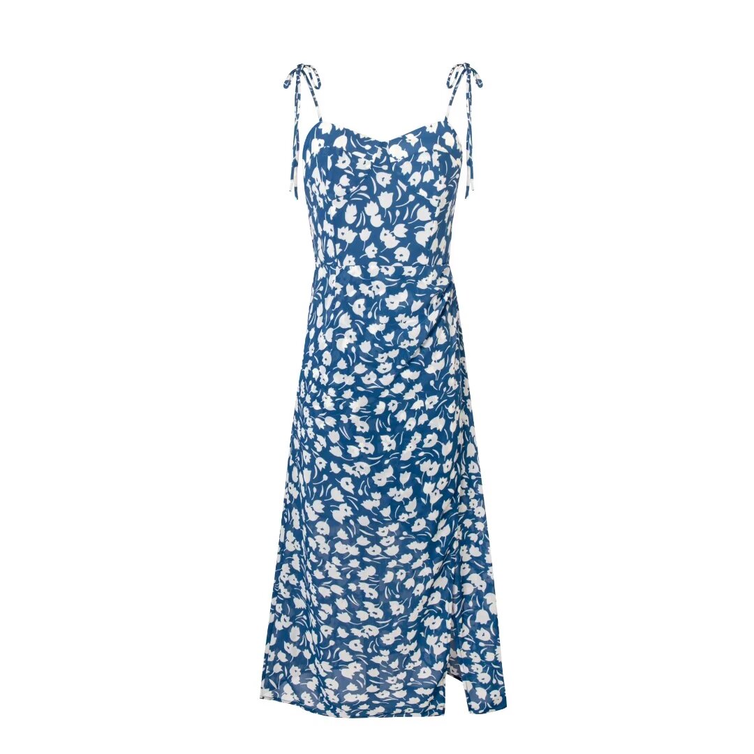 French Holiday Printed Cami Dress Summer Slim Waist Pleated Split Midi Dress