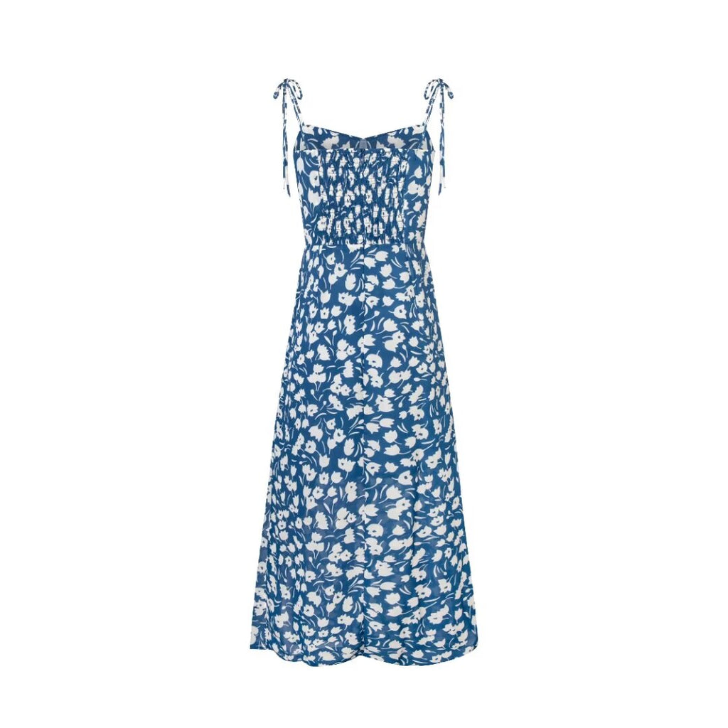 French Holiday Printed Cami Dress Summer Slim Waist Pleated Split Midi Dress