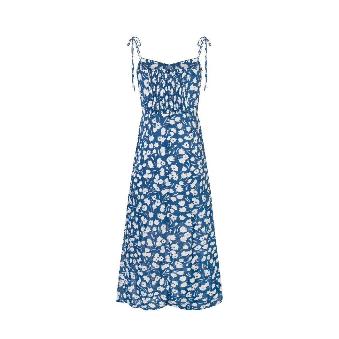 French Holiday Printed Cami Dress Summer Slim Waist Pleated Split Midi Dress
