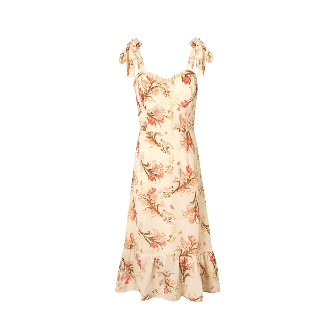 Spring Textured Vacation Casual Beige Printed Cami Dress