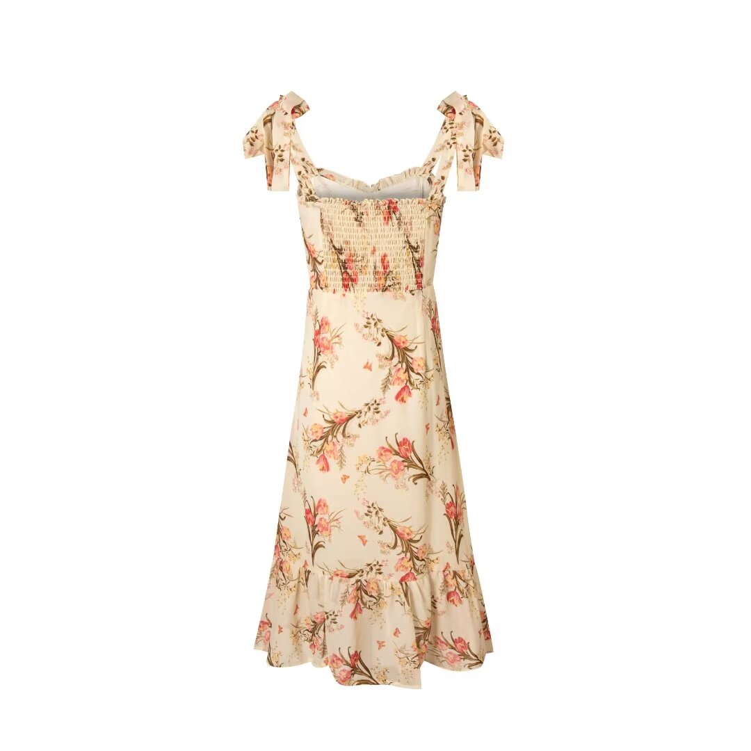 Spring Textured Vacation Casual Beige Printed Cami Dress