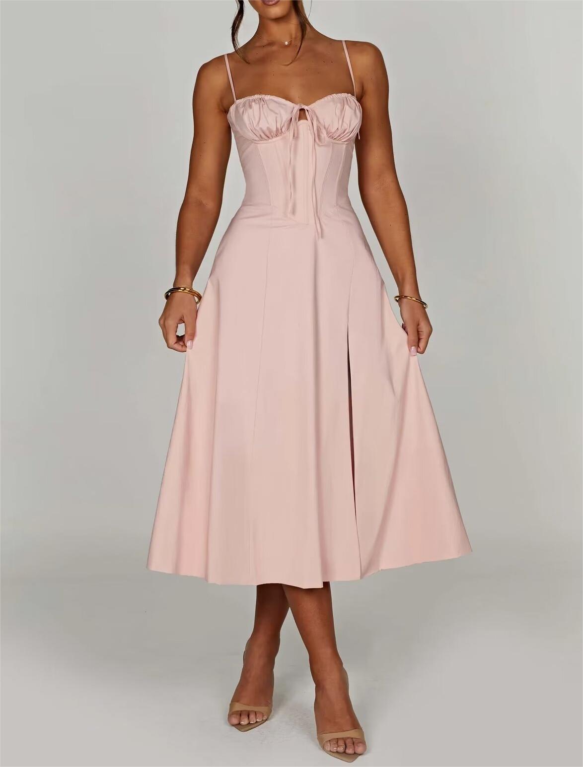 Women Mid Length Dress With Cross Back Tied Slim Fit Straps Niche Sexy Side Split