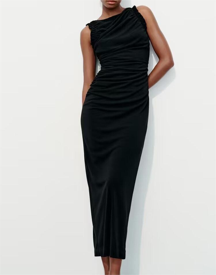 Spring Women Clothing Slim Ruffled Mid Length Dress