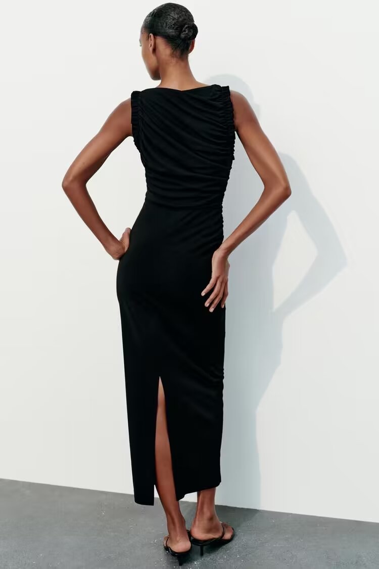 Spring Women Clothing Slim Ruffled Mid Length Dress