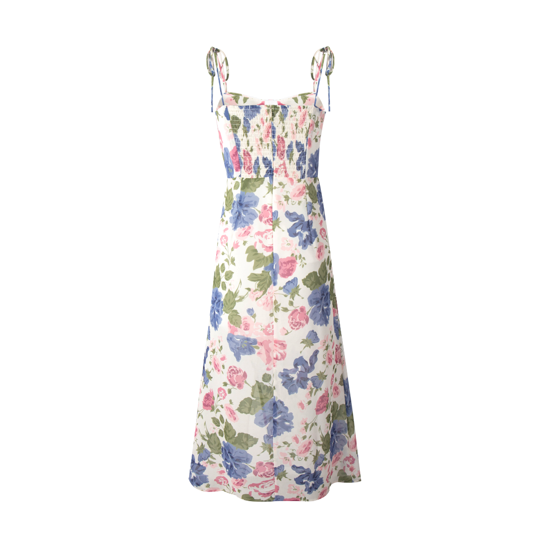 French Gentle Floral Print Cami Dress Summer Design Tight Waist Slim Pleated Split Dress