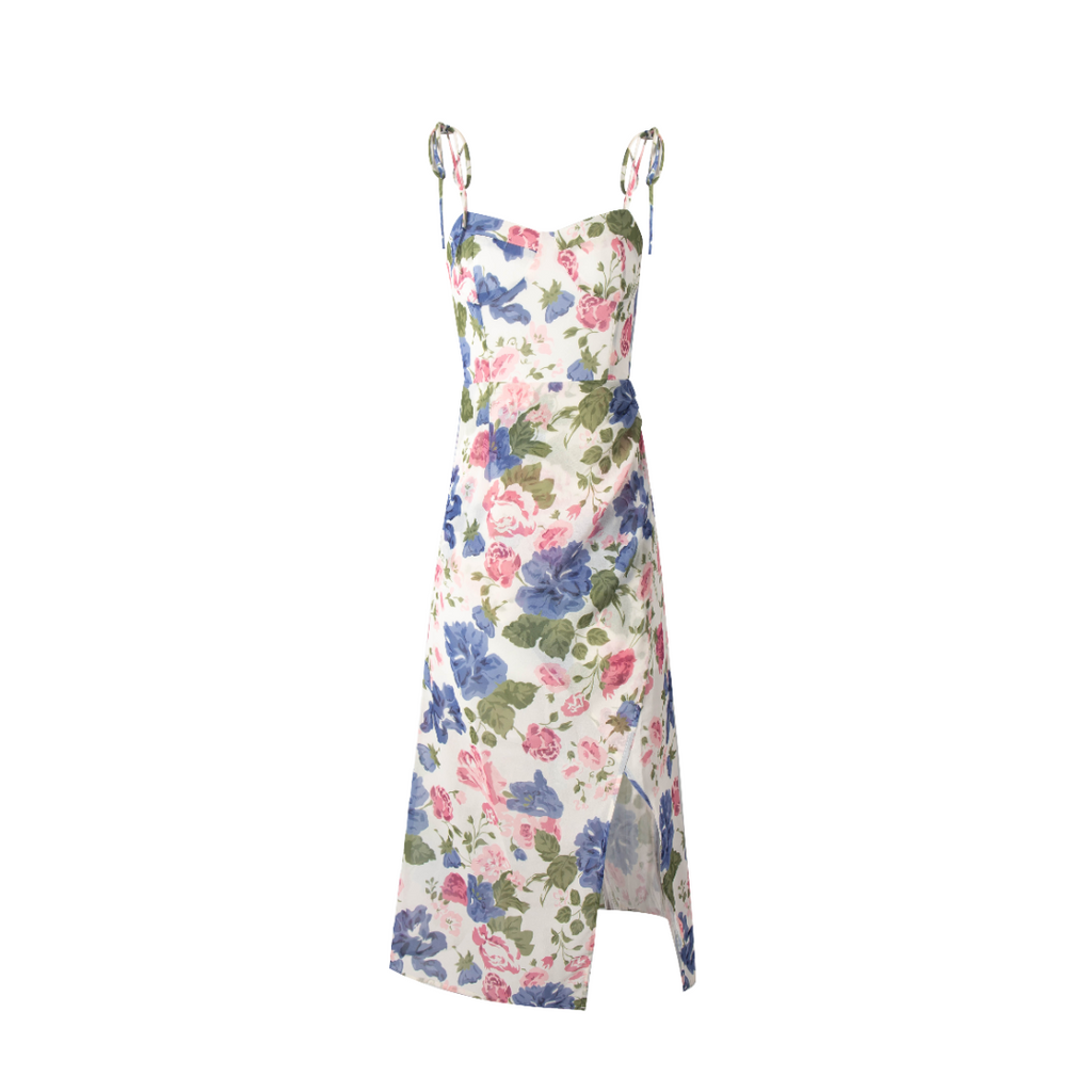 French Gentle Floral Print Cami Dress Summer Design Tight Waist Slim Pleated Split Dress