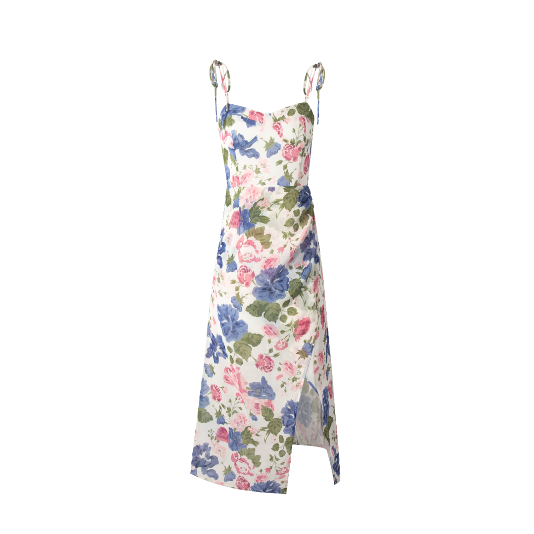 French Gentle Floral Print Cami Dress Summer Design Tight Waist Slim Pleated Split Dress