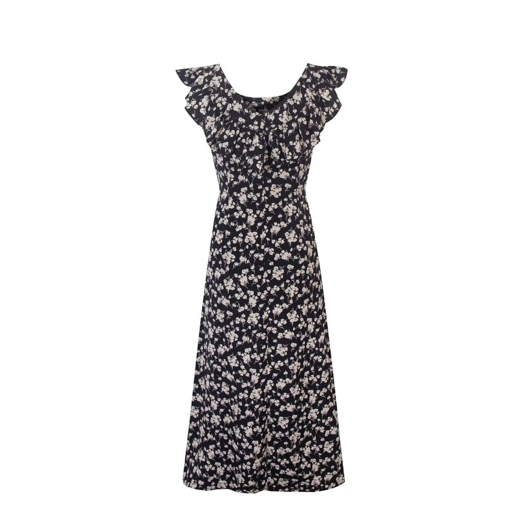 Floral Black Dress Women Spring Summer Mid Length Ruffled Dress