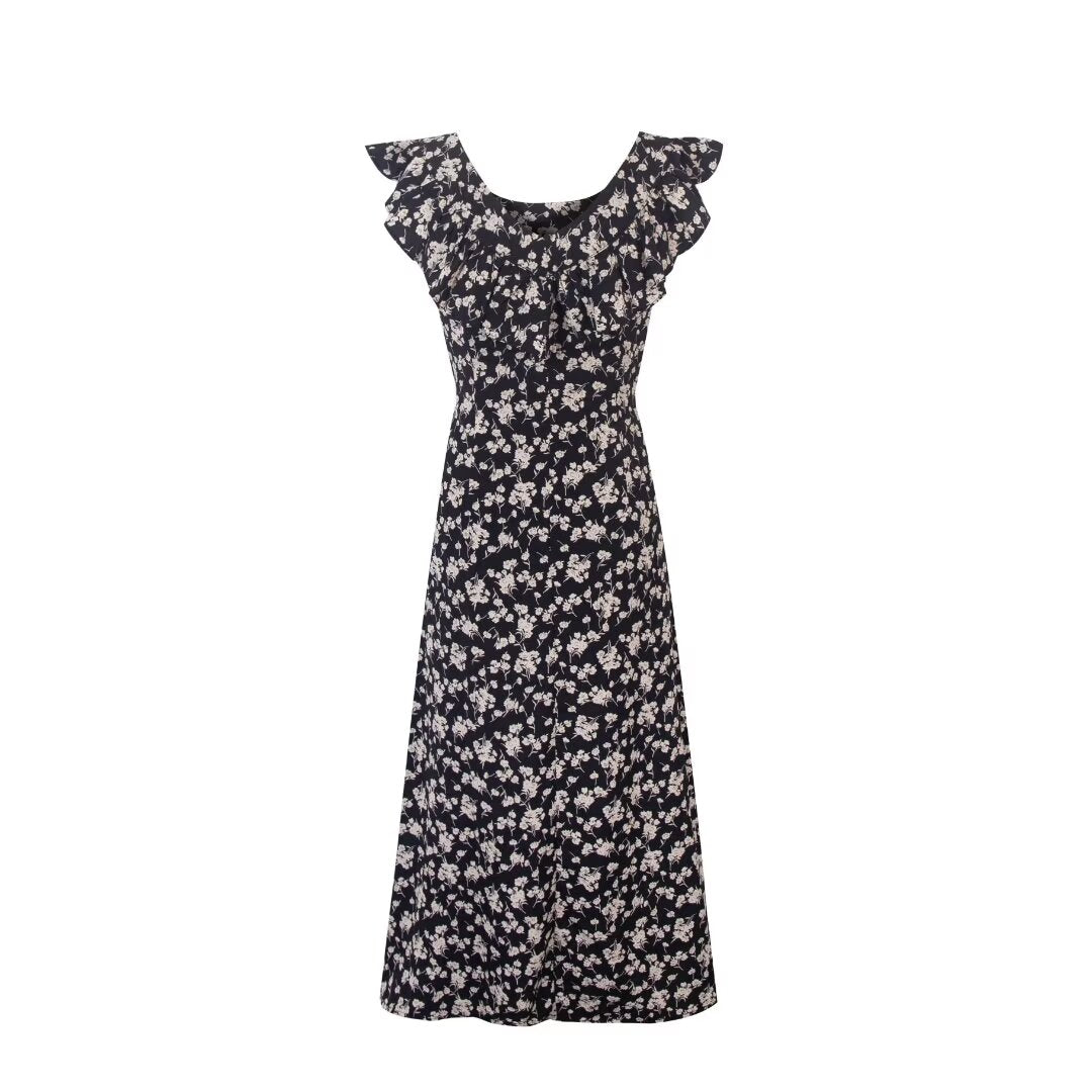Floral Black Dress Women Spring Summer Mid Length Ruffled Dress