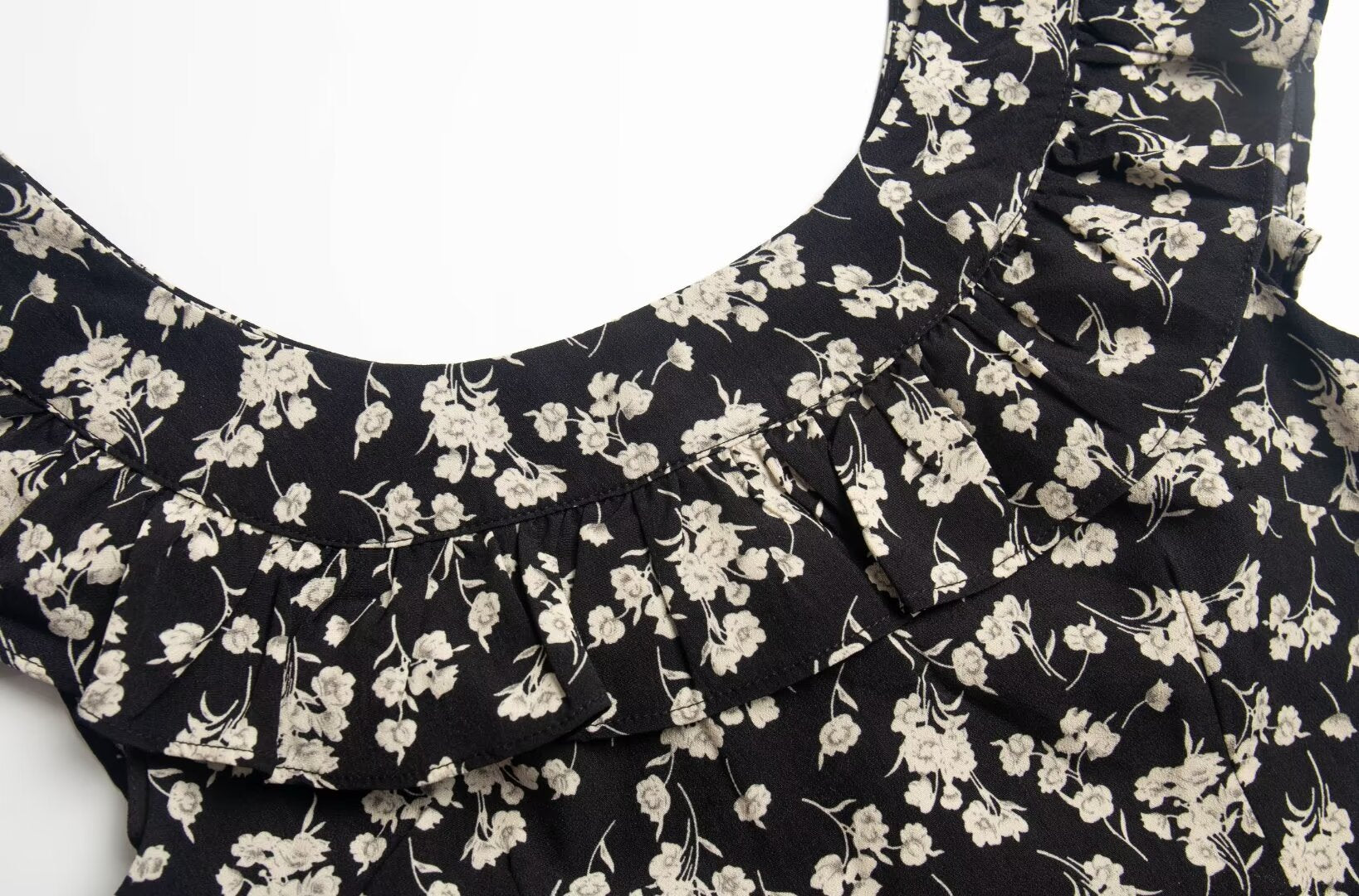 Floral Black Dress Women Spring Summer Mid Length Ruffled Dress