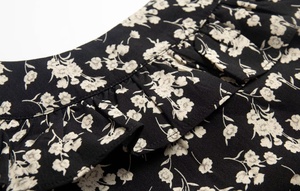 Floral Black Dress Women Spring Summer Mid Length Ruffled Dress