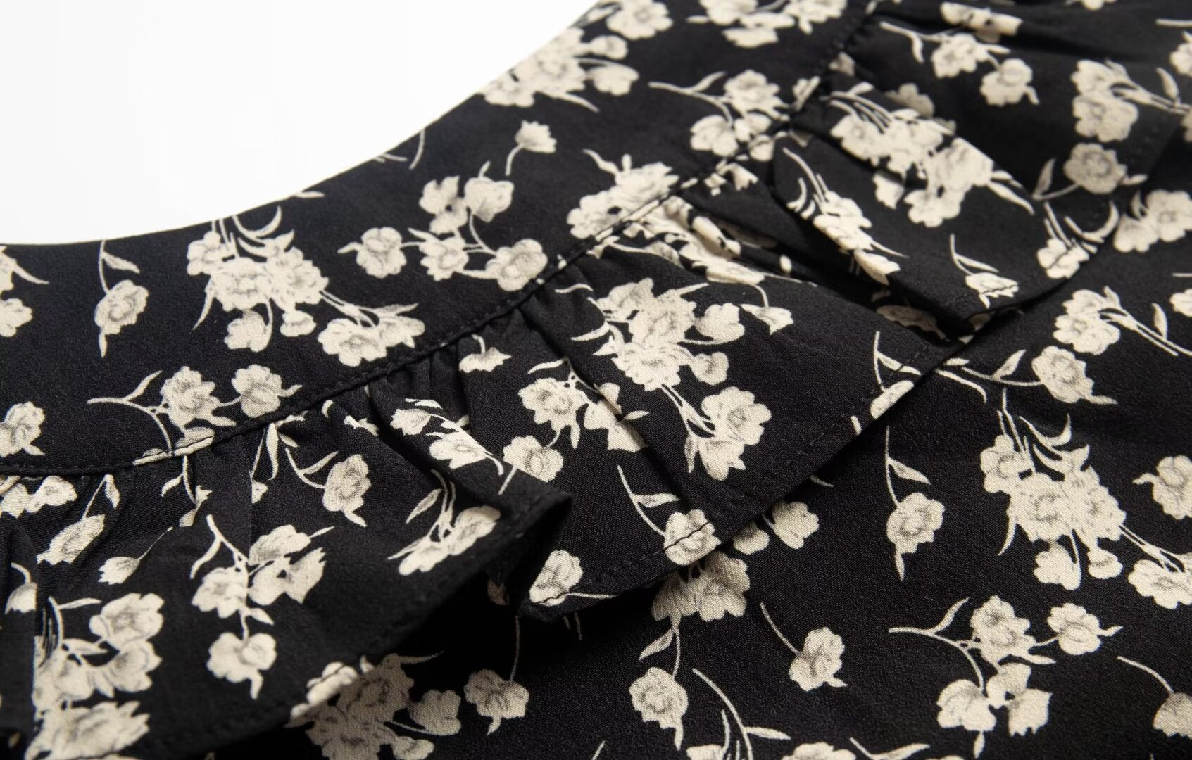 Floral Black Dress Women Spring Summer Mid Length Ruffled Dress