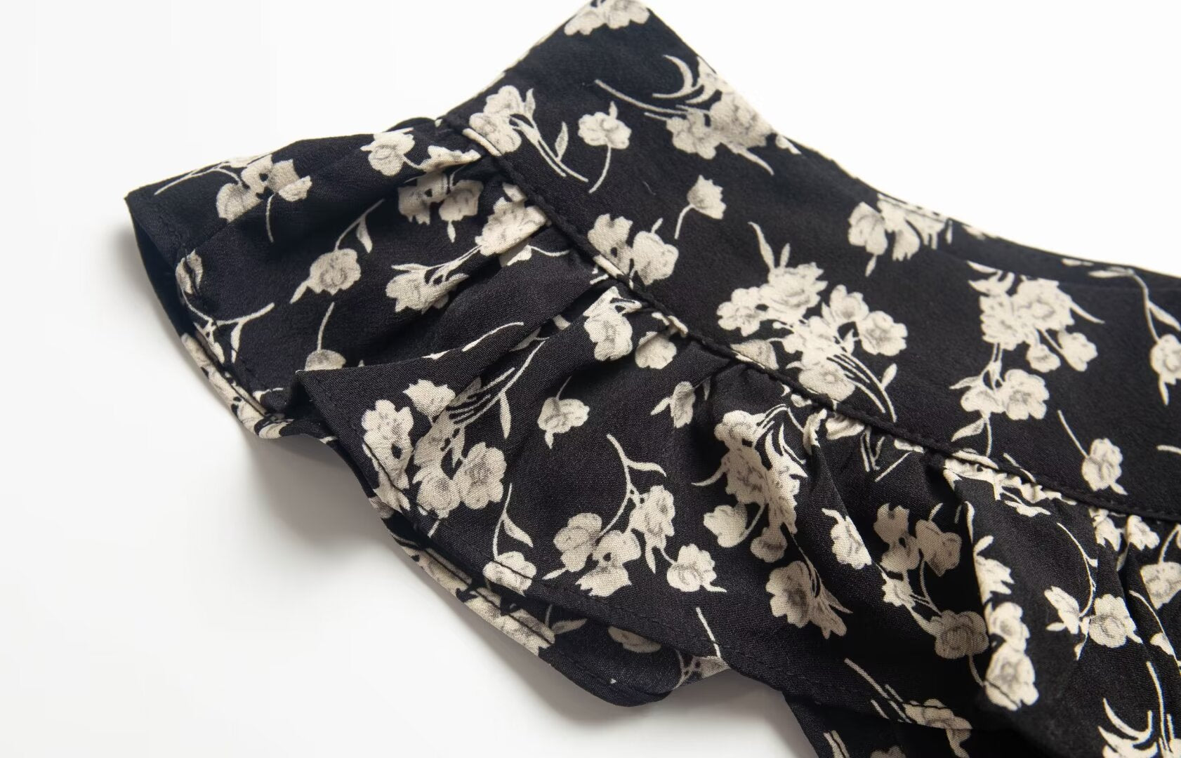Floral Black Dress Women Spring Summer Mid Length Ruffled Dress