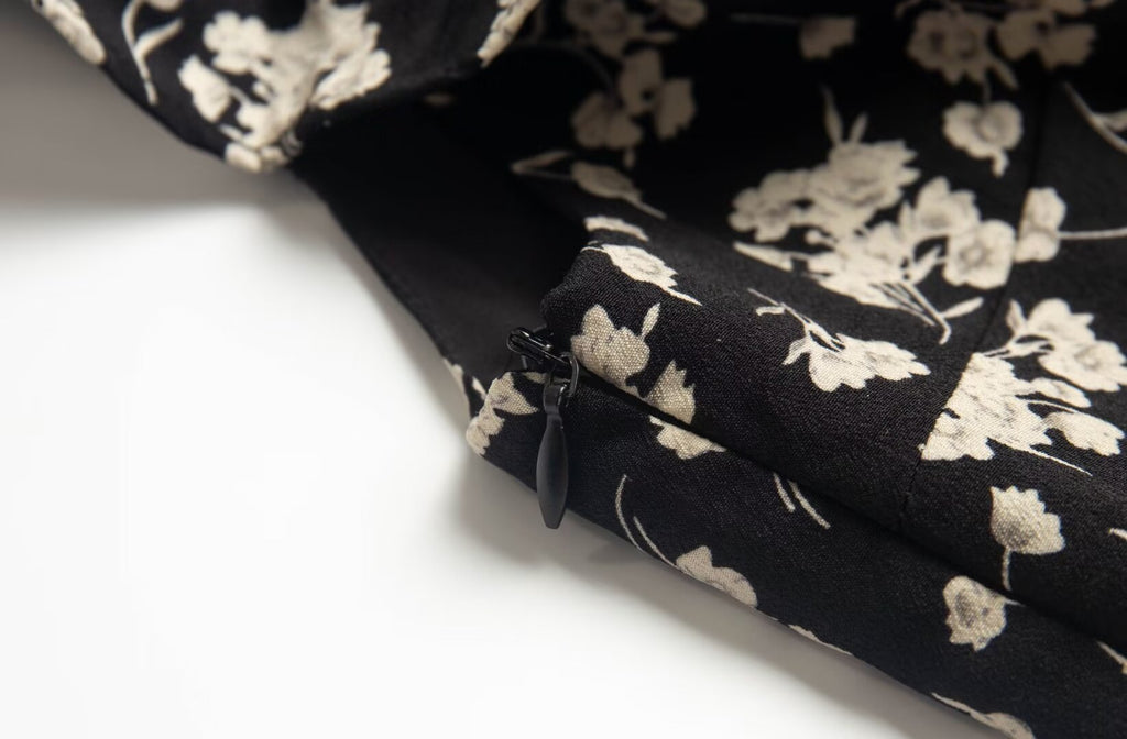 Floral Black Dress Women Spring Summer Mid Length Ruffled Dress
