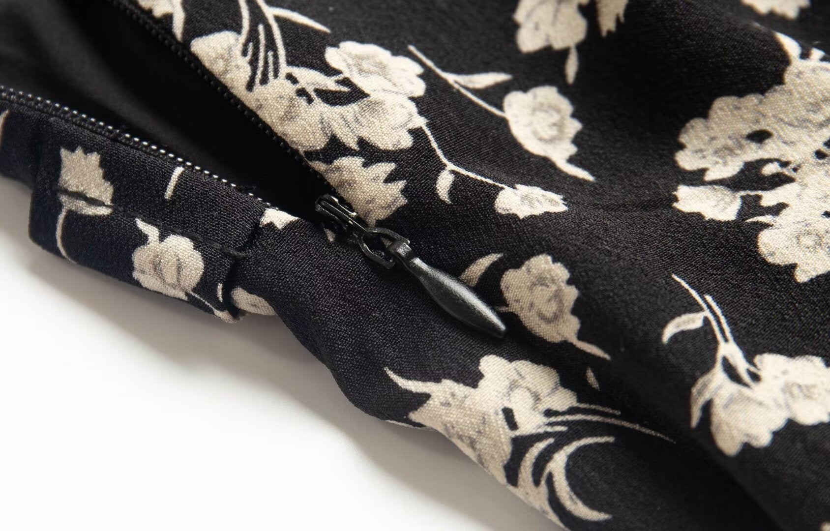 Floral Black Dress Women Spring Summer Mid Length Ruffled Dress