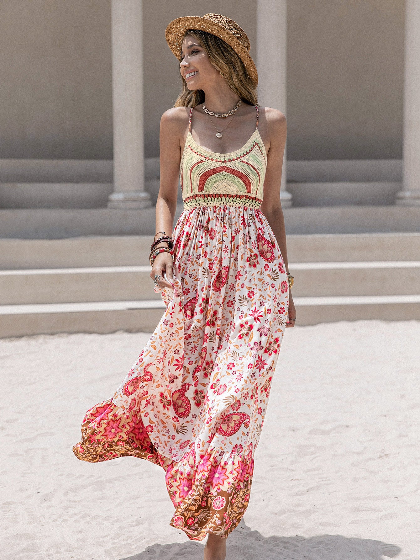 Batch Sweet Spaghetti Strap Floral Print Holiday Dress Maxi Dress Women